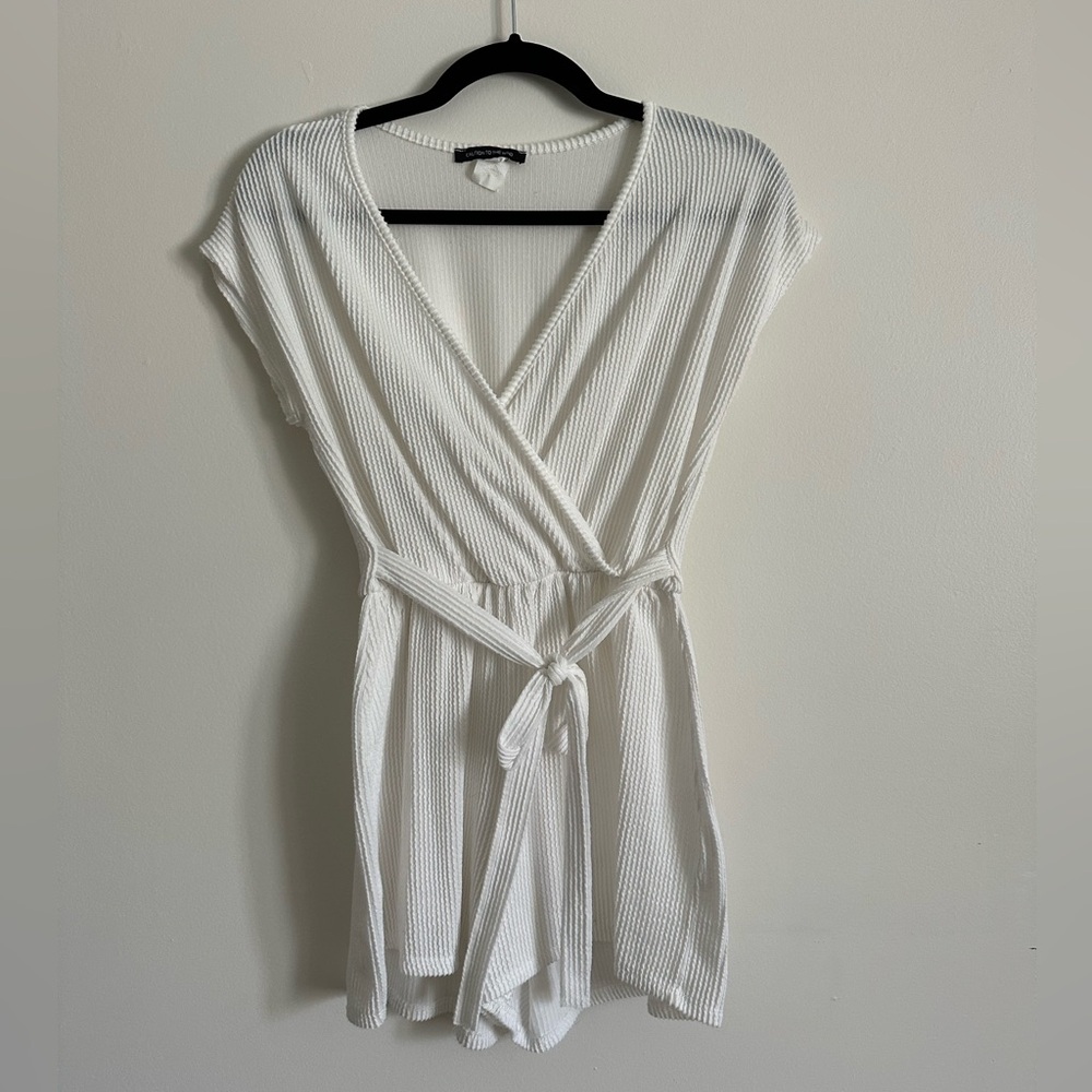 White Ribbed Wrap Romper